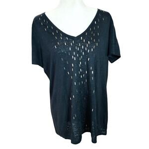 Eileen Fisher Linen V Neck Top Womens Large Black Beaded Goth Quiet Luxury Chic